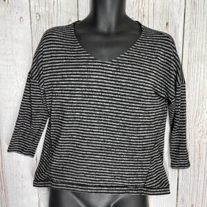 A New Approach Top Womens size M Black Gray Striped VNeck Blouse Casual